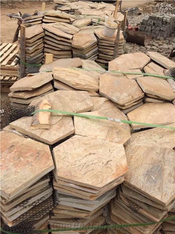 Slate Paving, Yellow Paver Stone, China Yellow Slate Paving, Yellow Floor Covering, China Yellow Slate Flagstone, Natural Slate Paving