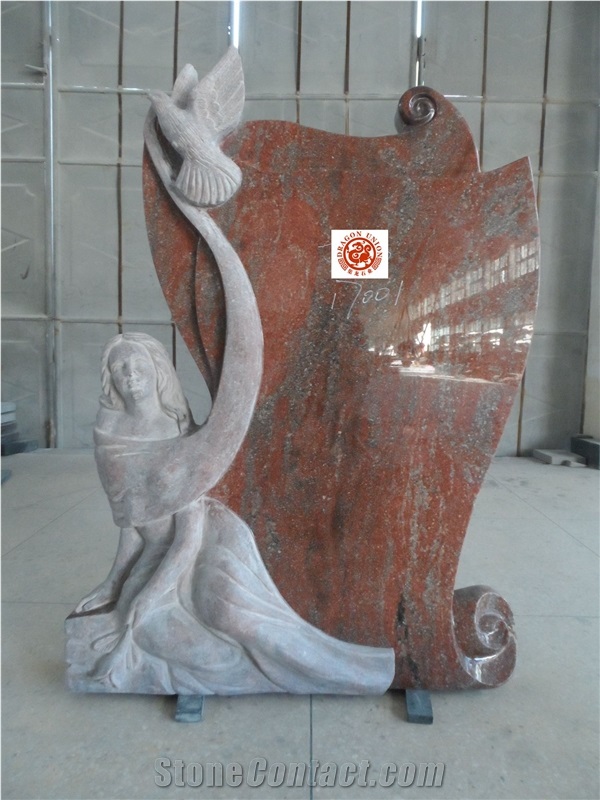 Romantica Red Monument with Angel and Dove Carved , France Tombstone & Western Memorial