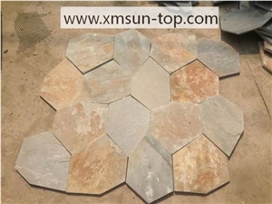 Natural Yellow Rust Flagstone Flagmat/Chinese Yellow Rust Slate Cultured Stone/Yellow Rusty Slate Random Flagstone Net Paste/Slate Net Paste Crazy Paving/Yellow Rastic Irregular Slate Flagstone Mats