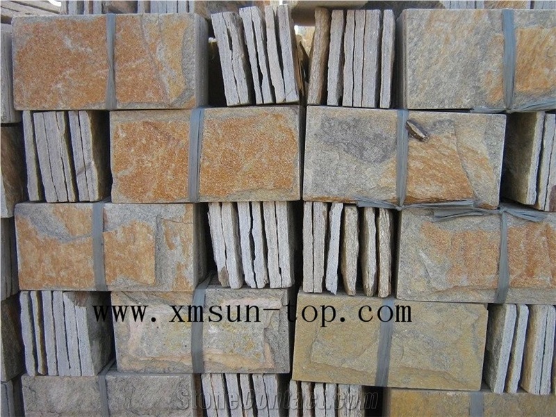 Rusty Yellow Mushroomed Stone/ Mushroom Wall Tiles/ Gold Slate Mushroomed Cladding /Sunset Gold Yellow Slate/Wall Covering & Cladding