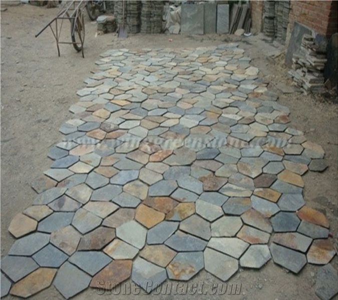 Cheap Price High Quality Rusty Slate Irregular Shape Flagstone Pavers/Random Flagstone/Meshed Paver Stone for Floor & Wall Cladding Pavers, Winggreen Stone