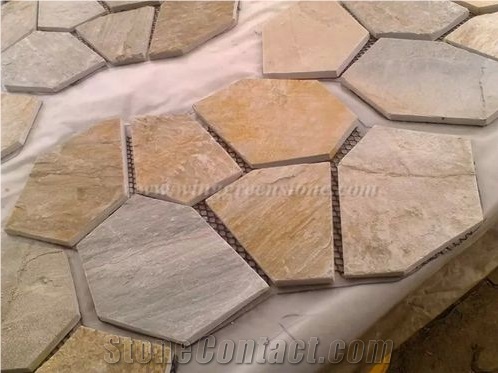 Crazy Paver Stone, Yellow Slate Pavers Radom Shape, Yellow Wooden Vein Pavers, Random Flag Stone, Yellow Slate Wall Cladding, Yellow Slate Floor Decoration, Xiamen Winggreen Stone