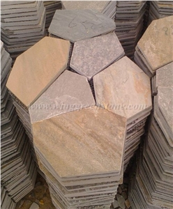 Crazy Paver Stone, Yellow Slate Pavers Radom Shape, Yellow Wooden Vein Pavers, Random Flag Stone, Yellow Slate Wall Cladding, Yellow Slate Floor Decoration, Xiamen Winggreen Stone