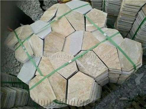 Crazy Paver Stone, Yellow Slate Pavers Radom Shape, Yellow Wooden Vein Pavers, Random Flag Stone, Yellow Slate Wall Cladding, Yellow Slate Floor Decoration, Xiamen Winggreen Stone