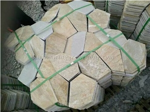 Crazy Paver Stone, Yellow Slate Pavers Radom Shape, Yellow Wooden Vein Pavers, Random Flag Stone, Yellow Slate Wall Cladding, Yellow Slate Floor Decoration, Xiamen Winggreen Stone
