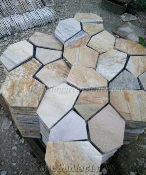 Crazy Paver Stone, Yellow Slate Pavers Radom Shape, Yellow Wooden Vein Pavers, Random Flag Stone, Yellow Slate Wall Cladding, Yellow Slate Floor Decoration, Xiamen Winggreen Stone