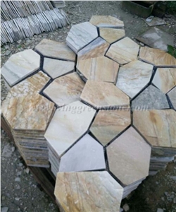 Crazy Paver Stone, Yellow Slate Pavers Radom Shape, Yellow Wooden Vein Pavers, Random Flag Stone, Yellow Slate Wall Cladding, Yellow Slate Floor Decoration, Xiamen Winggreen Stone