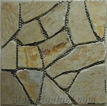 Crazy Paver Stone, Yellow Slate Pavers Radom Shape, Yellow Wooden Vein Pavers, Random Flag Stone, Yellow Slate Wall Cladding, Yellow Slate Floor Decoration, Xiamen Winggreen Stone