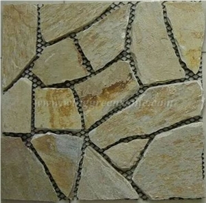 Crazy Paver Stone, Yellow Slate Pavers Radom Shape, Yellow Wooden Vein Pavers, Random Flag Stone, Yellow Slate Wall Cladding, Yellow Slate Floor Decoration, Xiamen Winggreen Stone