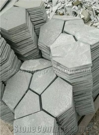 Cyan Crazy Flagstone, Blue-Green Slate Pavers Radom Shape, Cyan Slate Pavers, Random Flag Stone, Cyan Slate Wall Cladding, Cyan Slate Floor Decoration, Xiamen Winggreen Stone
