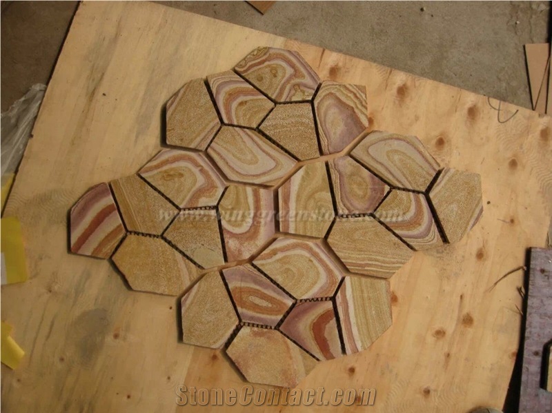 High Quality Sandstone Irregular Shape Flagstone Pavers/Random Flagstone/Meshed Paver Stone for Floor & Wall Cladding Pavers, Winggreen Stone