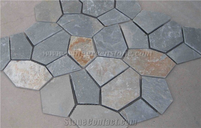 Hot Sale High Quality Wooden Yellow Slate Irregular Shape Flagstone Pavers/Random Flagstone/Meshed Paver Stone for Floor & Wall Cladding Pavers, Winggreen Stone