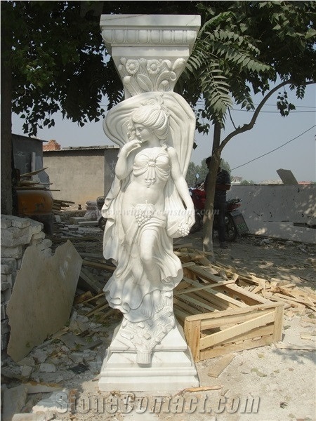 Marble Sculptured Columns, Hand Carved Beige Marble Column Tops, Beige Marble Architectural Columns, Xiamen Winggreen Manufacturer