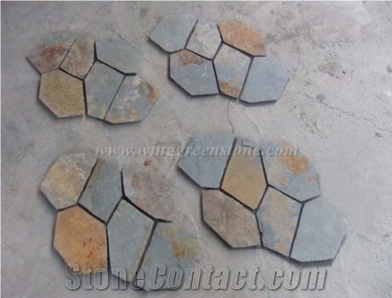 Rust Yellow/ Yellow Crazy Flagstone, Yellow Slate Flag Radom Shape, Yellow Wooden Vein Pavers, Random Flag Stone, Yellow Slate Wall Cladding, Yellow Slate Floor Decoration, Xiamen Winggreen Stone