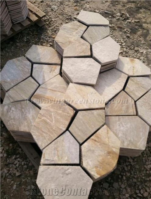 Yellow Crazy Flagstone, Yellow Slate Flag Radom Shape, Yellow Wooden Vein Pavers, Random Flag Stone, Yellow Slate Wall Cladding, Yellow Slate Floor Decoration, Xiamen Winggreen Stone