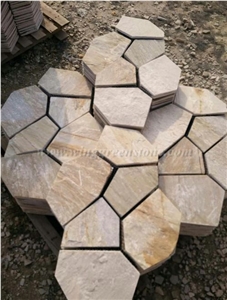 Yellow Crazy Flagstone, Yellow Slate Flag Radom Shape, Yellow Wooden Vein Pavers, Random Flag Stone, Yellow Slate Wall Cladding, Yellow Slate Floor Decoration, Xiamen Winggreen Stone