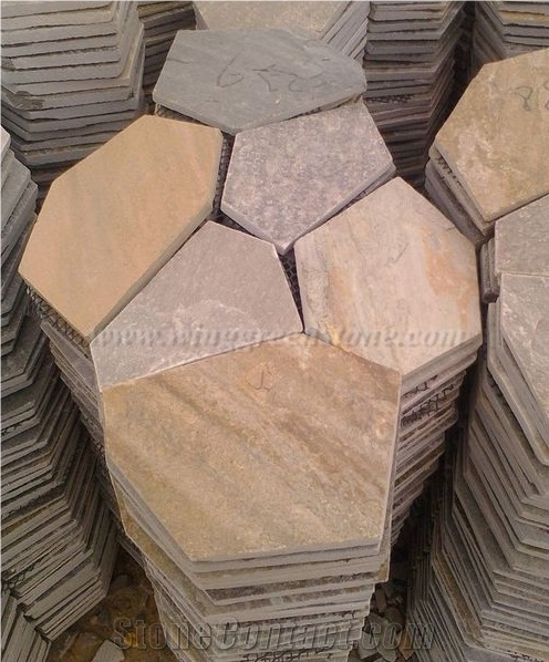 Yellow Crazy Flagstone, Yellow Slate Flag Radom Shape, Yellow Wooden Vein Pavers, Random Flag Stone, Yellow Slate Wall Cladding, Yellow Slate Floor Decoration, Xiamen Winggreen Stone