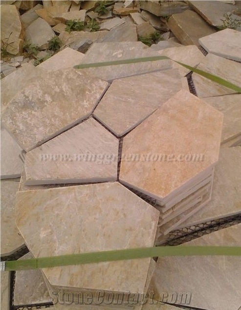 Yellow Crazy Flagstone, Yellow Slate Flag Radom Shape, Yellow Wooden Vein Pavers, Random Flag Stone, Yellow Slate Wall Cladding, Yellow Slate Floor Decoration, Xiamen Winggreen Stone