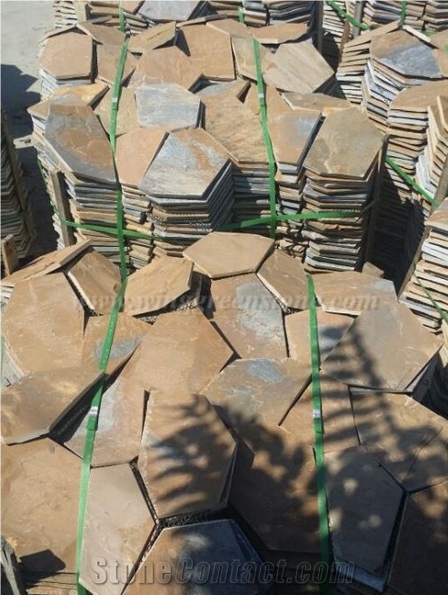 Yellow Crazy Flagstone, Yellow Slate Flag Radom Shape, Yellow Wooden Vein Pavers, Random Flag Stone, Yellow Slate Wall Cladding, Yellow Slate Floor Decoration, Xiamen Winggreen Stone