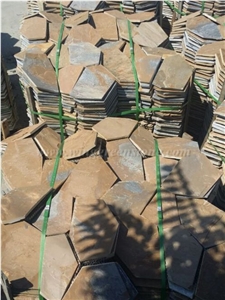 Yellow Crazy Flagstone, Yellow Slate Flag Radom Shape, Yellow Wooden Vein Pavers, Random Flag Stone, Yellow Slate Wall Cladding, Yellow Slate Floor Decoration, Xiamen Winggreen Stone