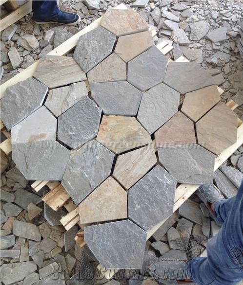 Yellow Crazy Flagstone, Yellow Slate Flag Radom Shape, Yellow Wooden Vein Pavers, Random Flag Stone, Yellow Slate Wall Cladding, Yellow Slate Floor Decoration, Xiamen Winggreen Stone