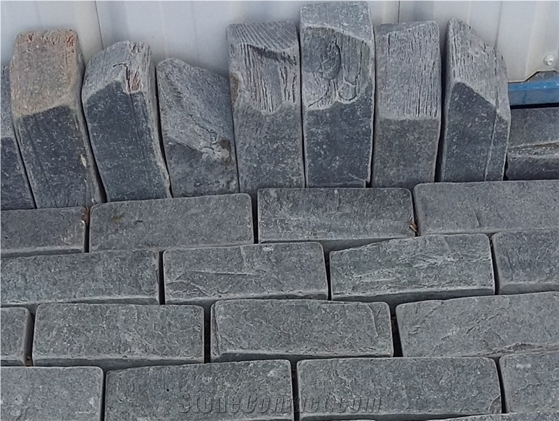Aged Rustic Slate Pavers and Curbs Throughout Sawn, Gross End, Ardoise Anjou Noyant Slate, Black Slae Cube Stone & Pavers