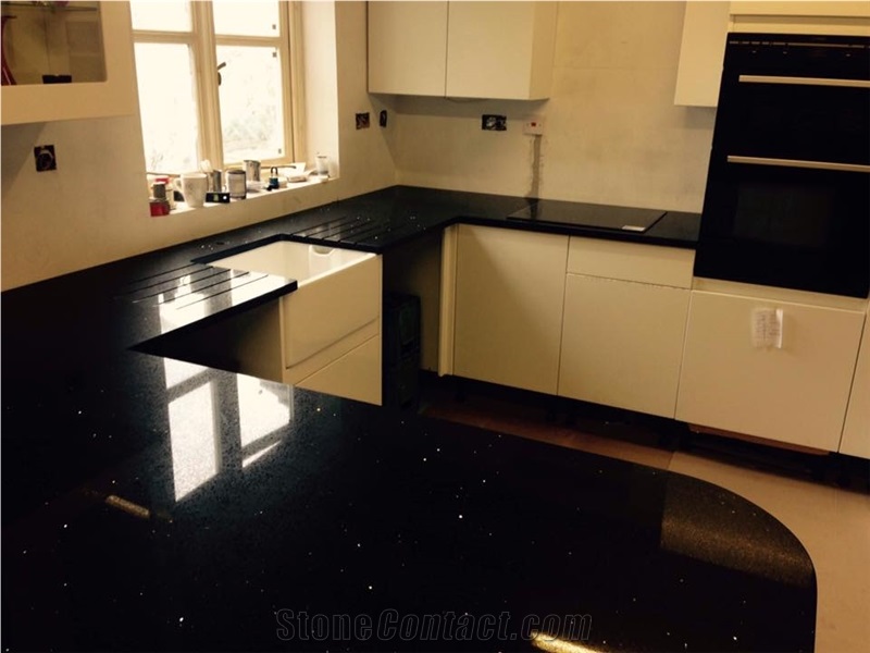 Galaxy Black Quartz Stone Worktop with Island
