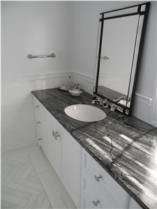 Black Wood Vein Marble Vanity Top, Bianco Dolomiti Marble Wall and Floor Application