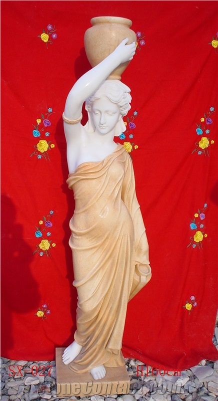 Bowl Lady Statue/White & Orange Marble Figure Statue, Handcarved Sculpture, Western Style Marble Human Sculptures & Statues