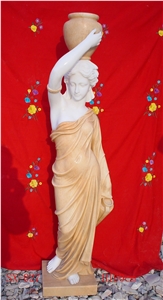 Bowl Lady Statue/White & Orange Marble Figure Statue, Handcarved Sculpture, Western Style Marble Human Sculptures & Statues