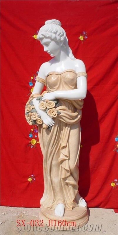 Deflower Lady Statue, White & Orange Marble Sculpture, China Handcarved Statues, Mixed Colour Statues, Factory Sales