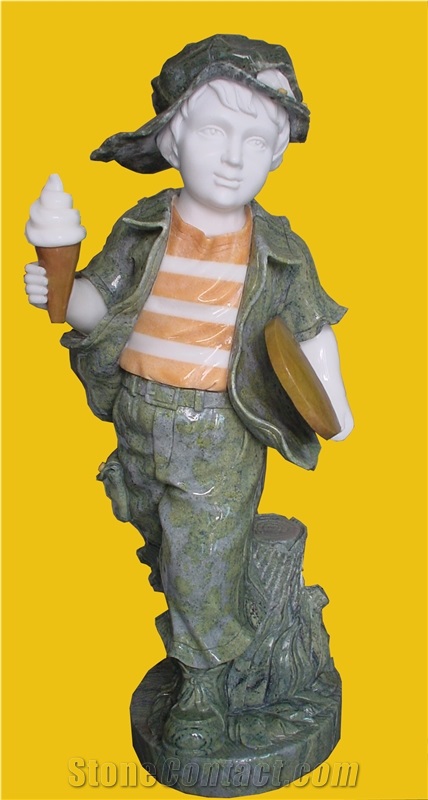 Ice Cream Boy Statue, School Boy Statue, Boy Marble Sculpture, Human Marble Statue, Mixed Colour Sculpture(Green/Orange/White)