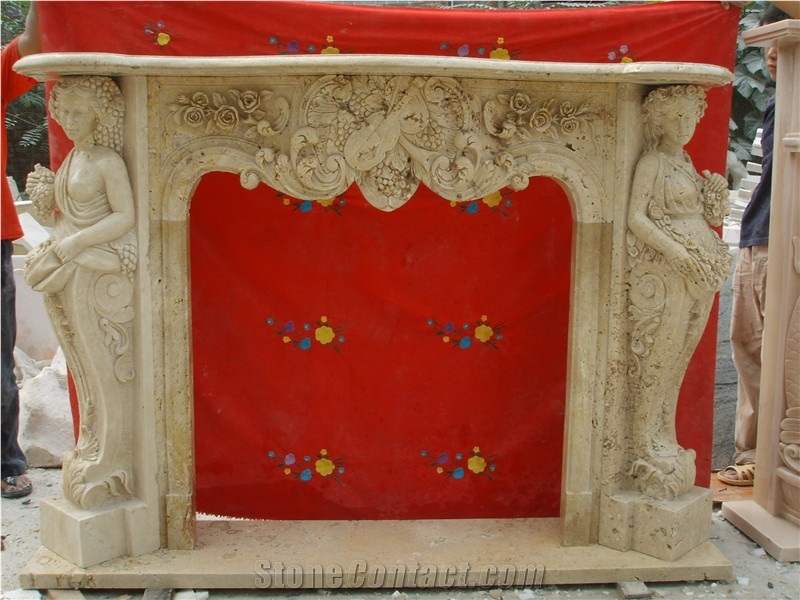 On Sale Caved Indoor Travertine Fireplace, Beige Fireplace with Sculpture