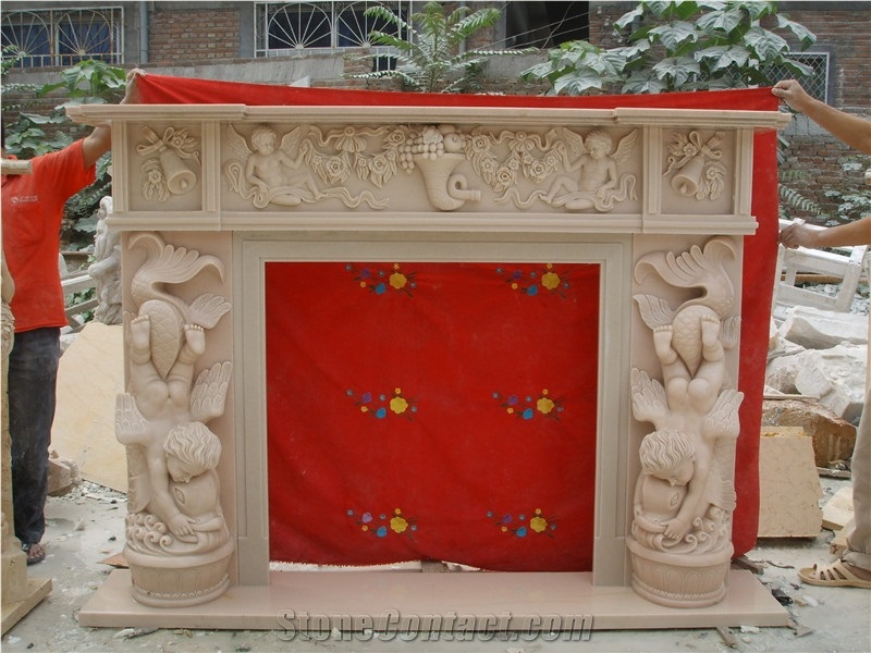 Polished Pink Sandstone Sculputre Fireplace,Handcaved Fireplace