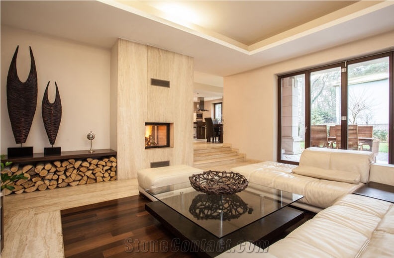 Classic Beige Travertine Fireplace Surround, Fireplace Hearth, Beige Travertine Fireplace
