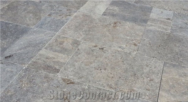 Tumbled Silver Travertine Tiles, Versailles Pattern