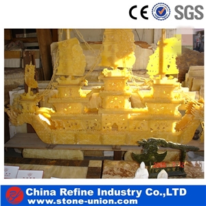 Boat Modelling Latest Ship Onyx Fountain , Yellow Onyx Premium Sculpture Fountain for Home Decoration