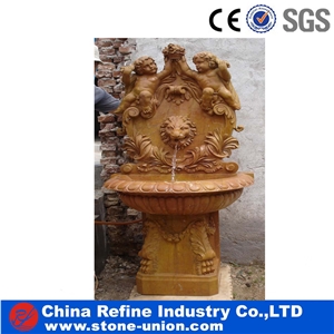 Wall Marble Sculpture Fountain , Brown Marble Fountain , Lion Head Sculpture Statue Wall Interior Fountain , Wall Mounted Fountain for Sale