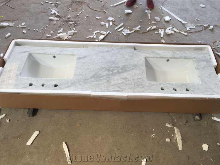 Bianco Carrara C Marble Vanity Top,Carrara White Marble Bathroomm Countertop,Italy White Marble Bath Top with Double Basin Sink