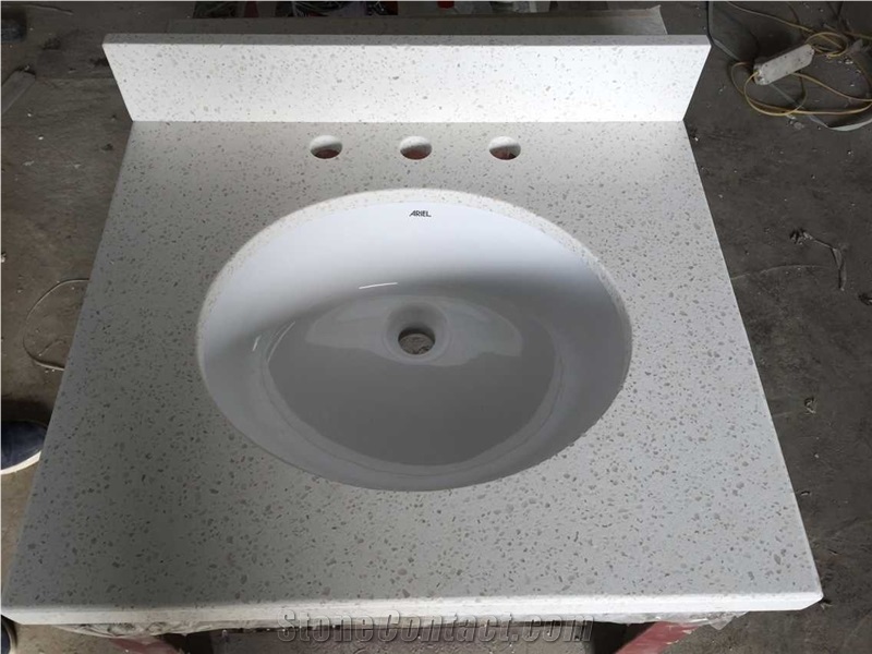 China White Quartz Stone Vanity Tops,White Artificial Stone Bathroom Vanity Tops, Quartz Stone Bathroom Top, Quartz Stone Custom Countertops, Polished Surface Bath Tops with Sink Basin