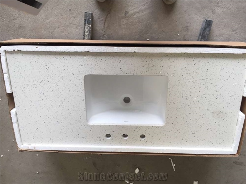 White Artificial Stone Bathroom Vanity Tops,China White Quartz Stone Vanity Top,Polished Surface Bath Tops with Sink Basin