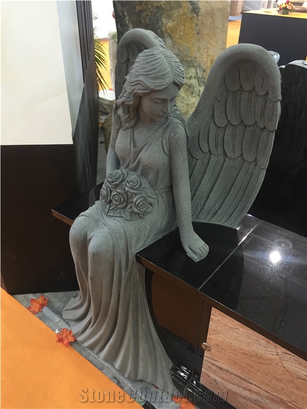 Sitting Angel Bench Black Granite Columbarium