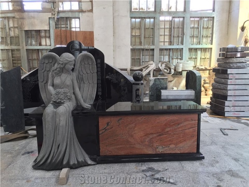 Sitting Angel Bench Black Granite Columbarium