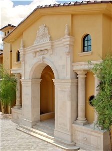 Classic European Arched Entryway Door Surround with Doric Columns and Crest in Riviera Beige Limestone, Beige Limestone Building Stone