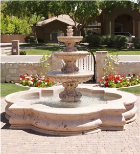 European Free-Standing Tiered Fountain with Quatrefoil Basin in Rio Blanco Cantera Stone