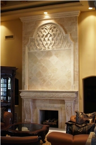 Living Room Fireplace Surround with Over-Mantel in Cream Travertine, Baja Cream Travertine Fireplace, Beige Travertine Fireplace