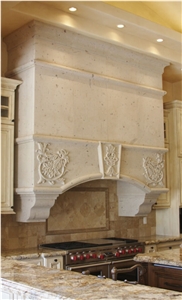 Range Hood Surround in Pinon Blanco Cantera Stone with Floral Relief Carving, White Cantera Kitchen Hood