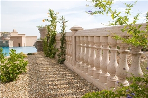 Traditional Old World Stone Balustrade Railing System with Raised Panel Newel Posts in Pinon Blanco Cantera Stone, White Pinon Blanco Cantera Balustrade