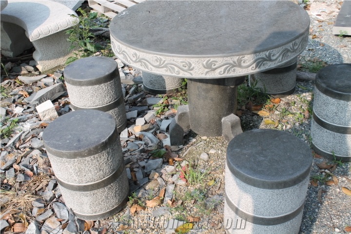 Vietnam Natural Basalt Stone for Table & Chair, Black Basalt Bench & Tables Table Sets