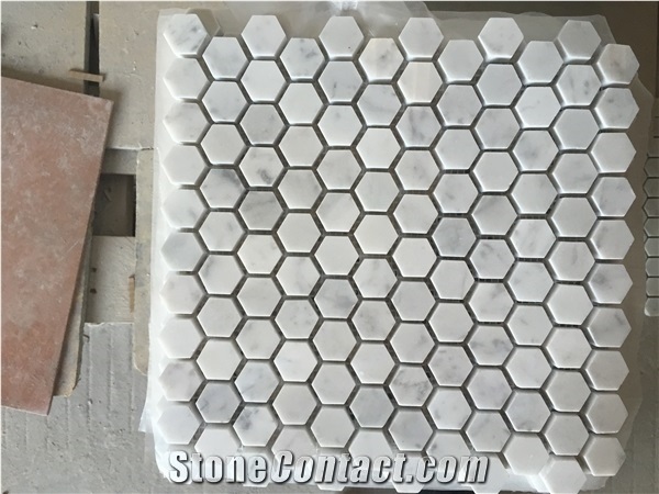 Bianco Carrara Marble Hexagon Mosaic Sheet, Cararra White Hexagon Mosaic, Polished Mosaic Tile Bathroom Wall